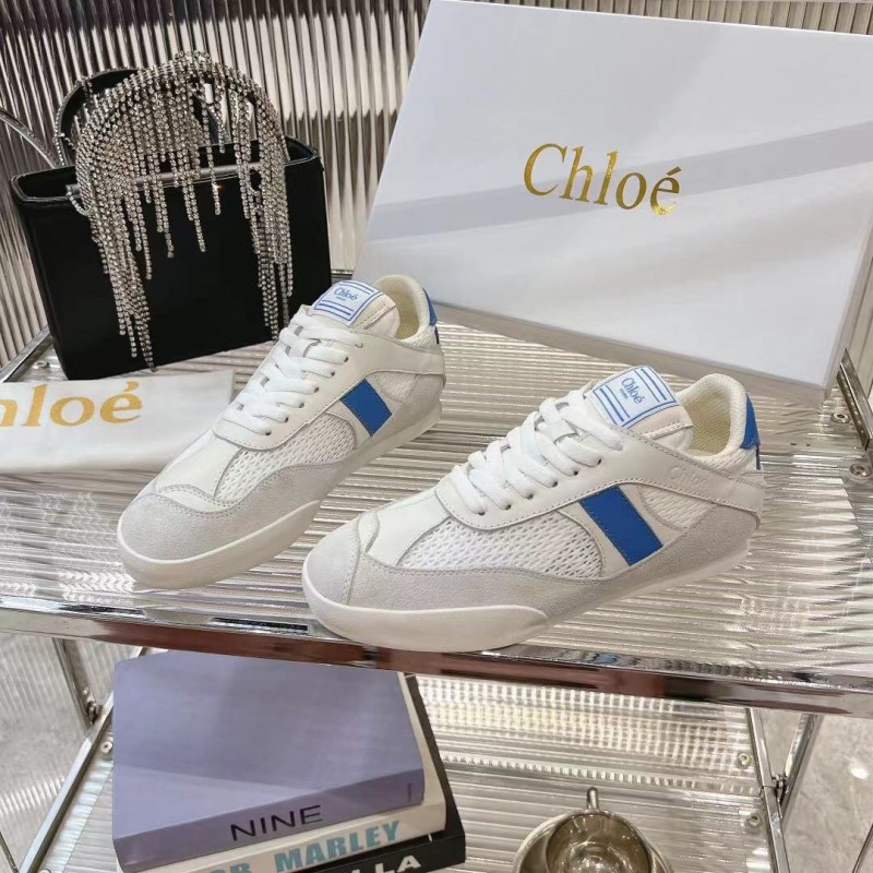 2025 Women Chloé White Blue Mesh Leather Casual Sneakers LY00280