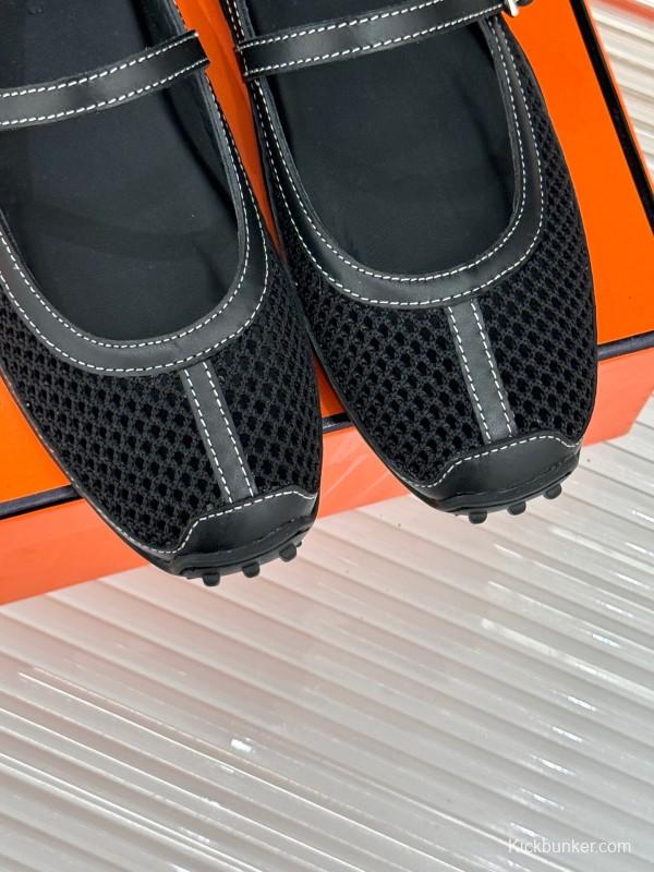 2025 Women Hermès Black Mesh Leather Mary Jane