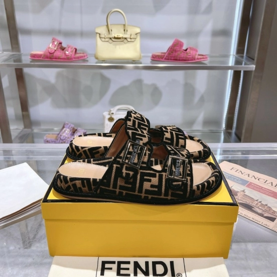 2025 Fendi Black Beige Fabric Slippers FF Buckle KFY00250