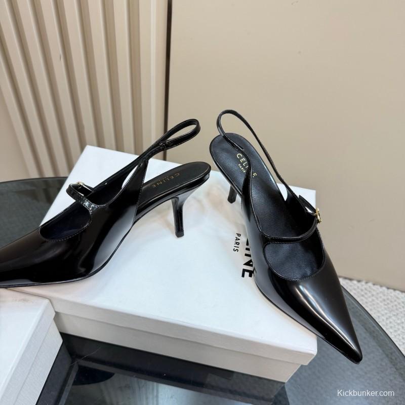 2025 Women Celine Black Patent Leather Slingback Pointed Toe Heels KFY00310