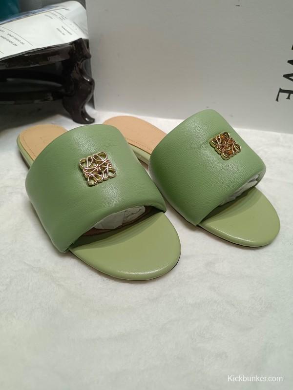 2025 Women Loewe Green Leather Slippers