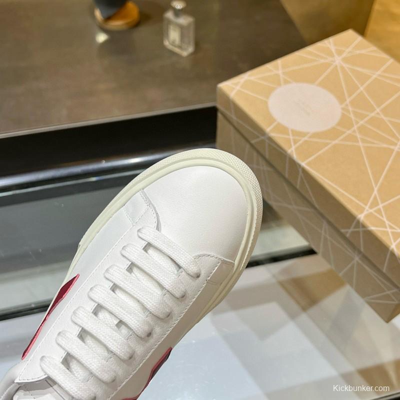 2025 Unisex VEJA White Burgundy Leather Canvas Sneakers MJ00240