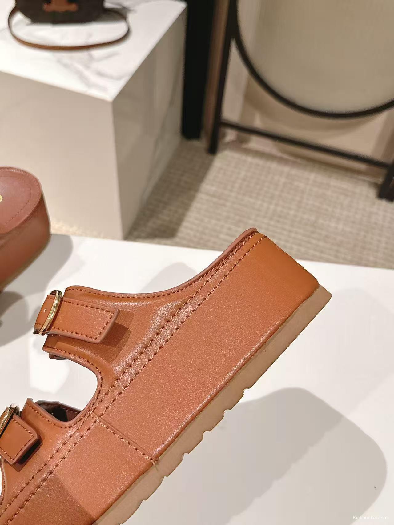 2025 Women Celine Brown Leather Platform Sandals LY00300