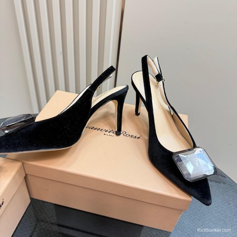 2025 Women Gianvito Rossi Black Velvet Slingback Heels Gemstone Decoration KFY00300