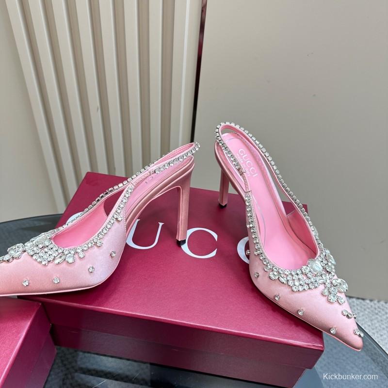 2025 Women Gucci Pink Silk High Heel Slingback Crystal LY00340
