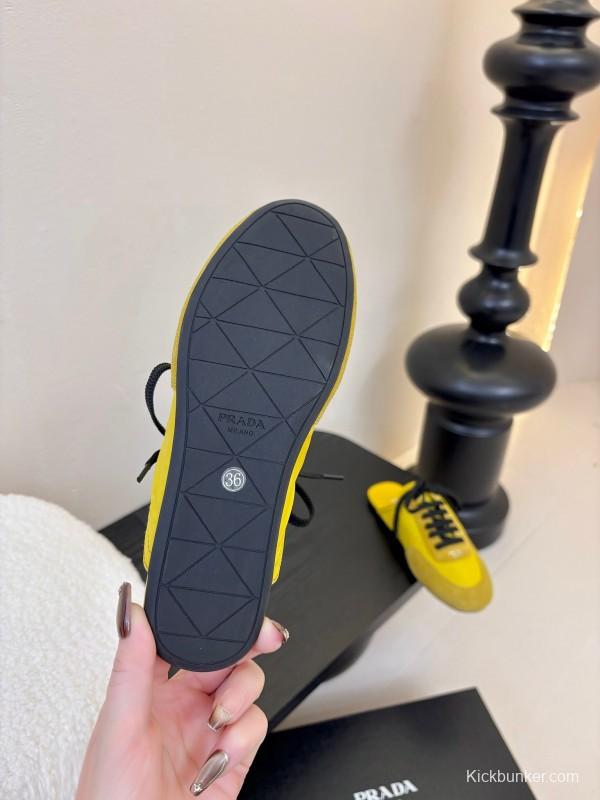 2025 Women Prada Yellow Black Suede Leather Sneakers