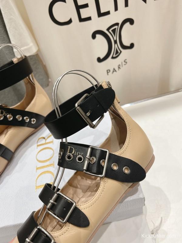 2025 Women Dior Beige Black Leather Mary Jane Buckle Flats