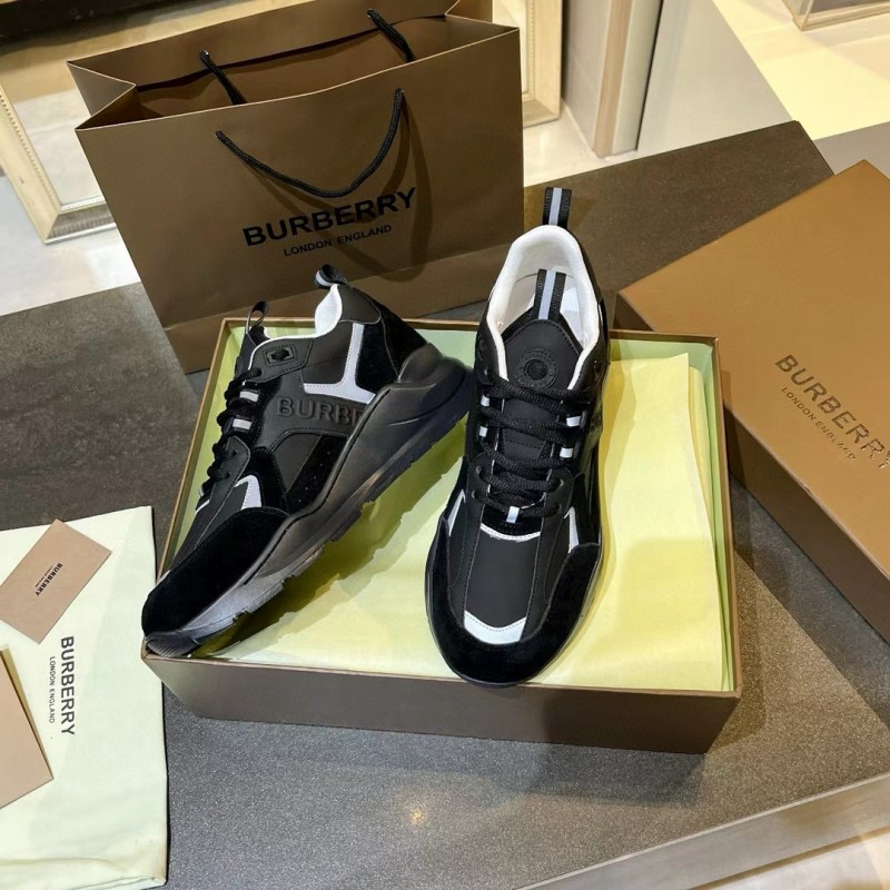 2025 Unisex Burberry Black White Leather Suede Sneakers MJ00380