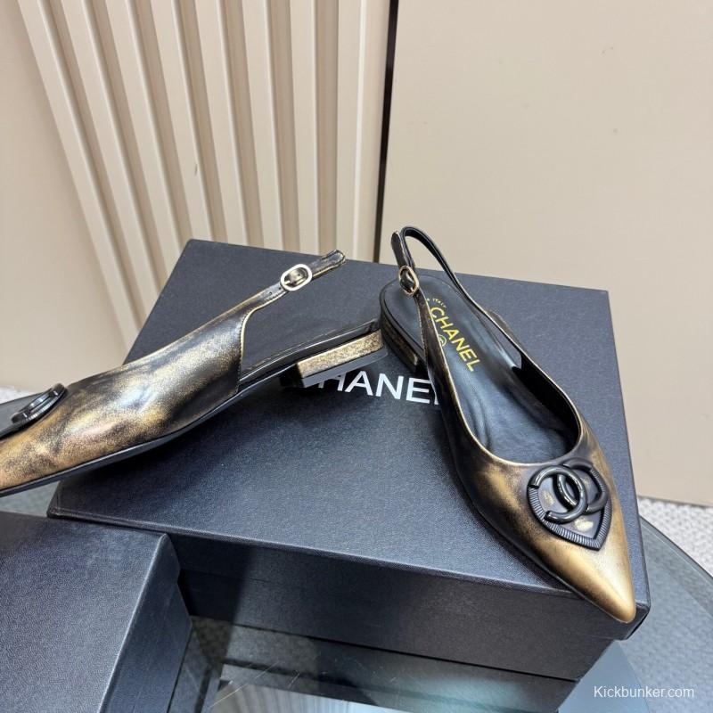 2025 Women Chanel Black Gold Satin Leather Sandals KFY00290