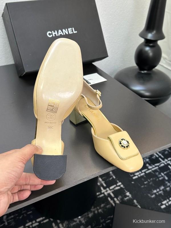 2025 Women CHANEL Beige Lambskin Mid Heel Ankle Strap Square Toe Pumps