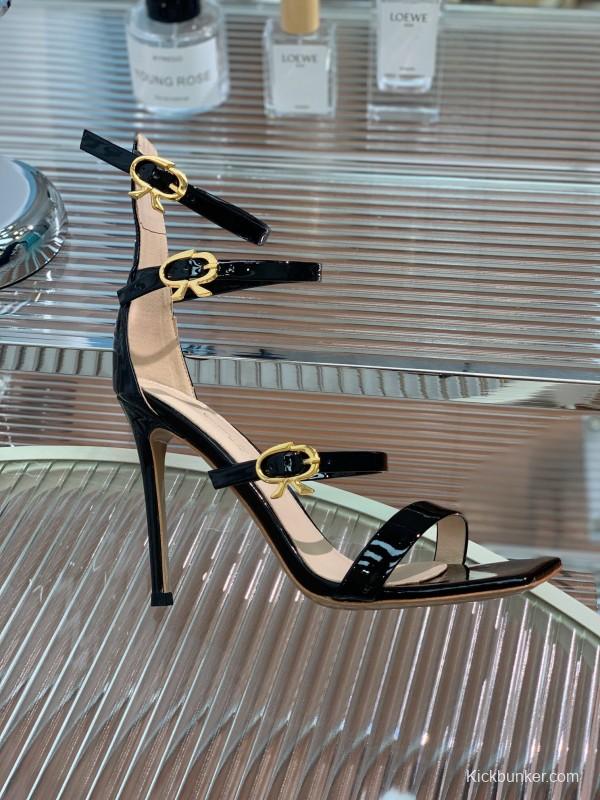 2025 Women Gianvito Rossi Black Patent Leather Strappy High Heel Sandals