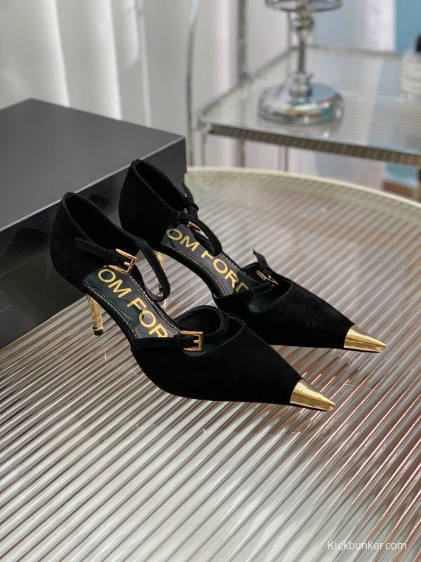 2025 Women TOM FORD Black Gold Suede Leather Pointed Pumps KFY00320