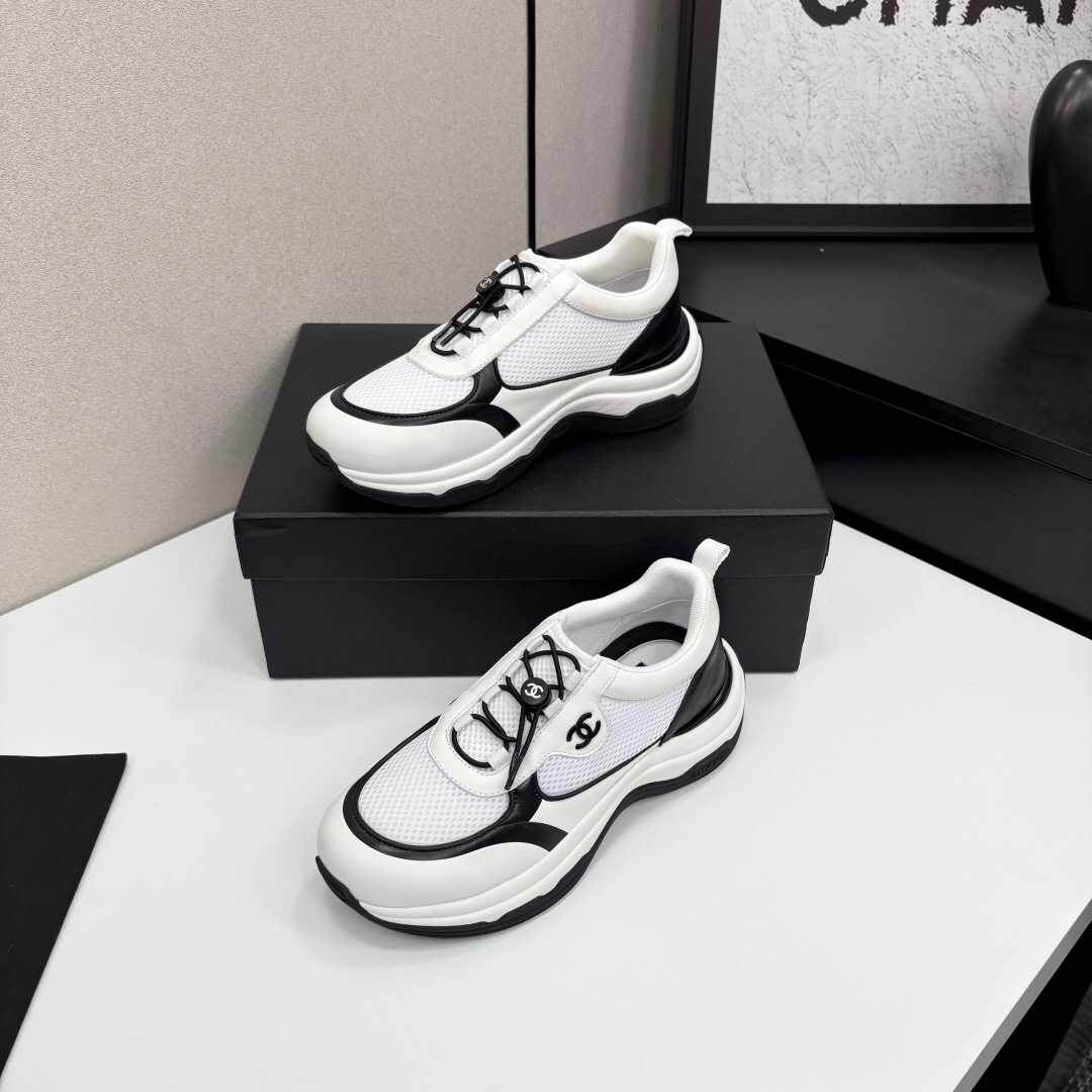 2025 Unisex Chanel White And Black Silk Leather Panda Sneakers With Embroidery Detail CHN2025