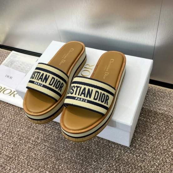 2025 Slippers Dior Beige Navy Canvas Leather Platform CHRISTIAN DIOR CD004
