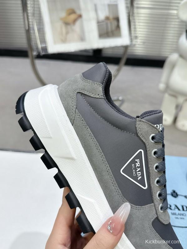 2025 Unisex Prada Grey Suede Leather Sneakers KFY00310