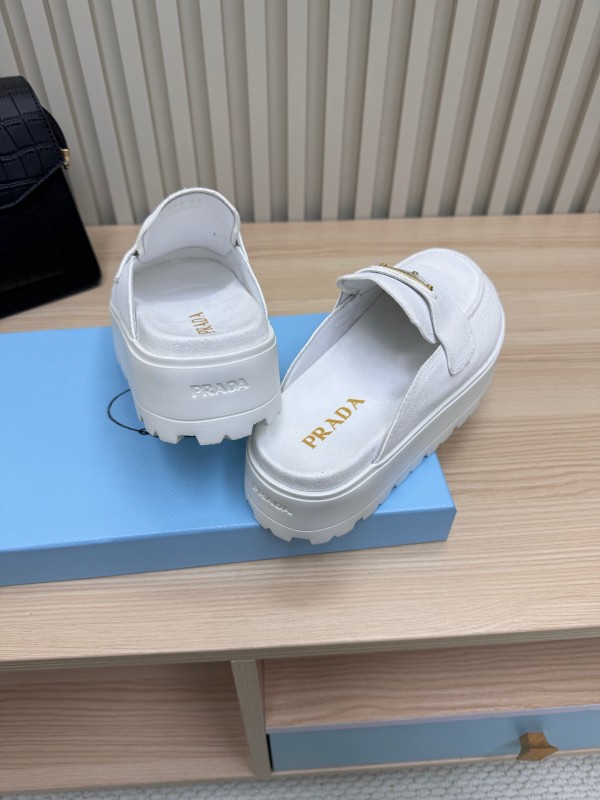 2025 Women Prada White Canvas Platform Loafers