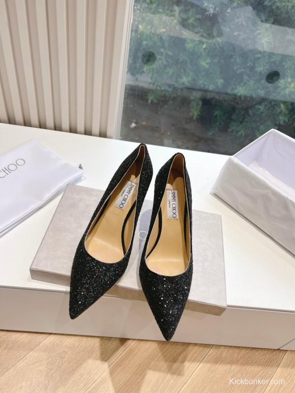 2025 Women Jimmy Choo Black Glitter Leather High Heel Pumps KFY00280