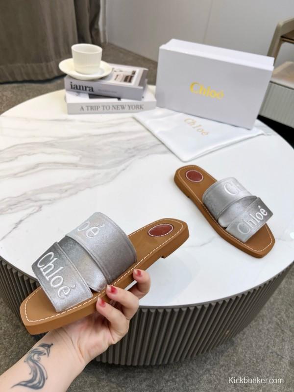 2025 Women Chloé Silver Leather Slippers LY00200