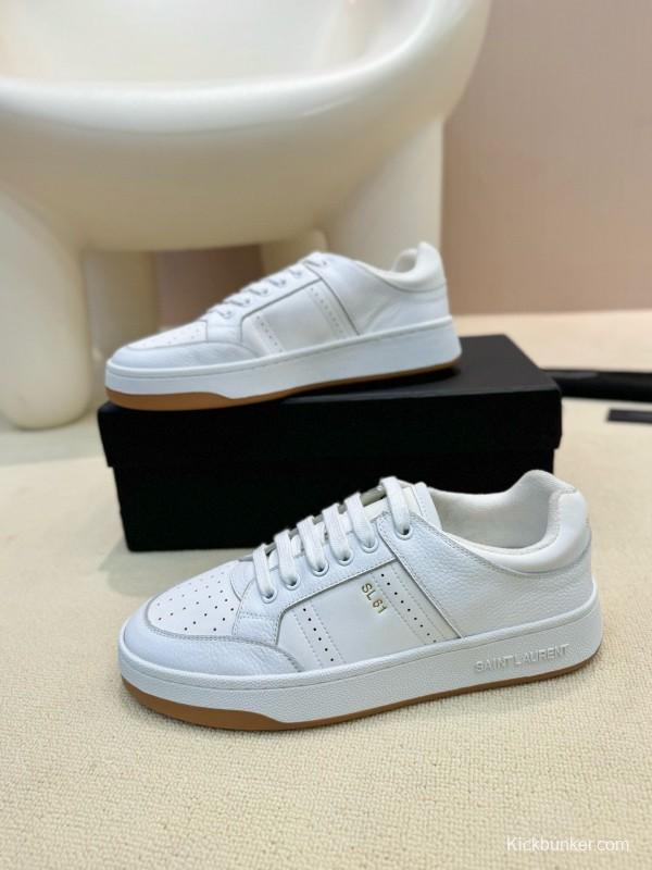 2024 Unisex Yves Saint Laurent White Silk Leather Sneakers SL61 MJ00350