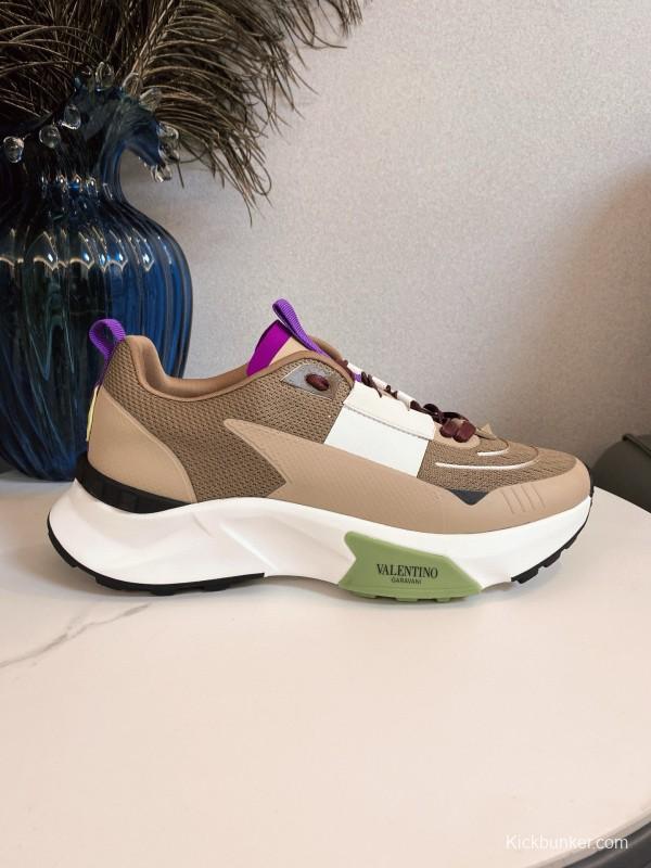 2024 Unisex Valentino beige white purple mesh leather sneakers