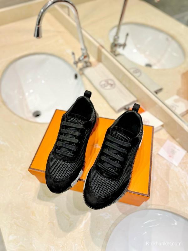 2024 Unisex Hermès black mesh suede sneakers
