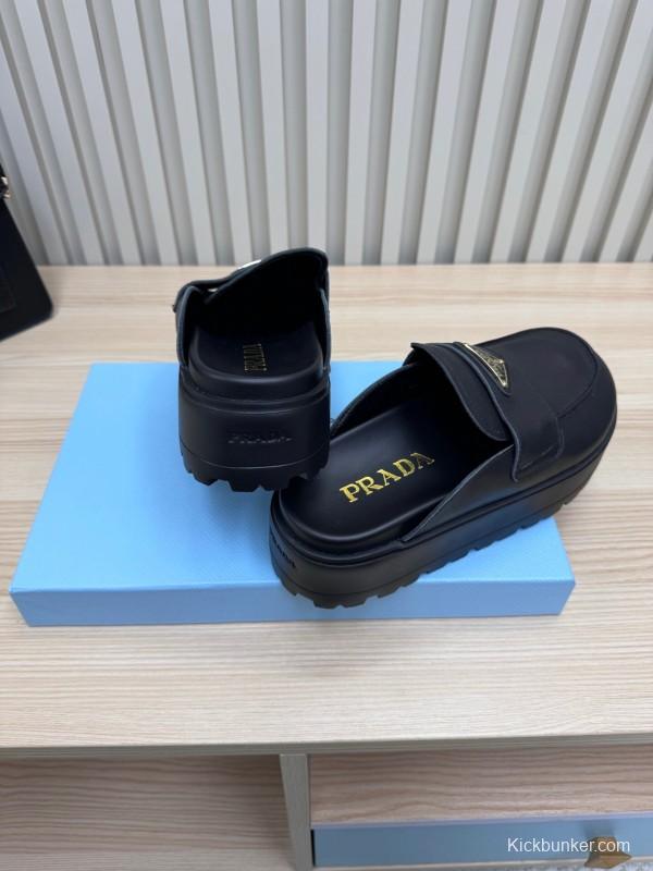 2025 Women Prada Black Leather Platform Loafers