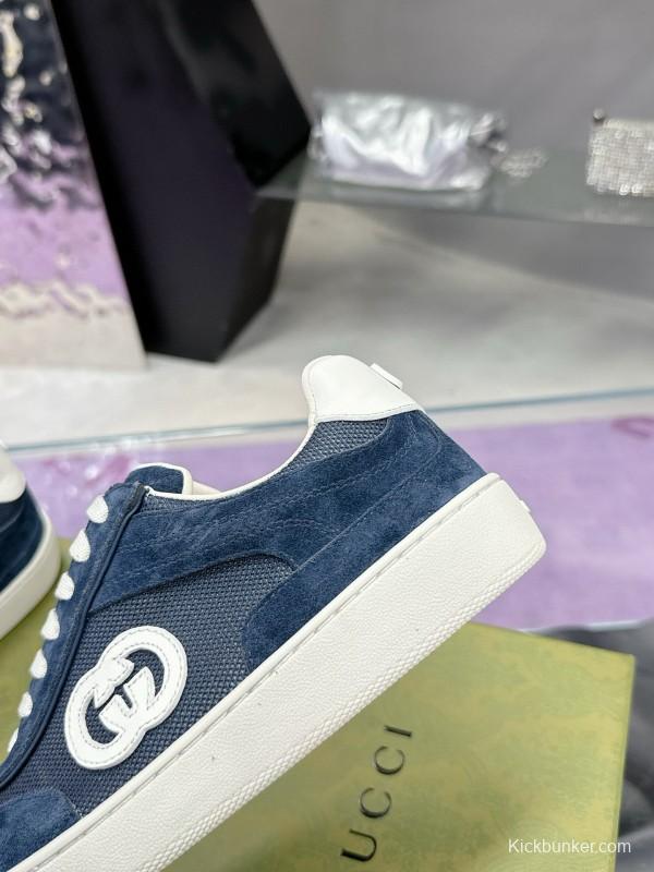 2024 Unisex Gucci Blue Navy White Suede Leather Sneakers MJ00310