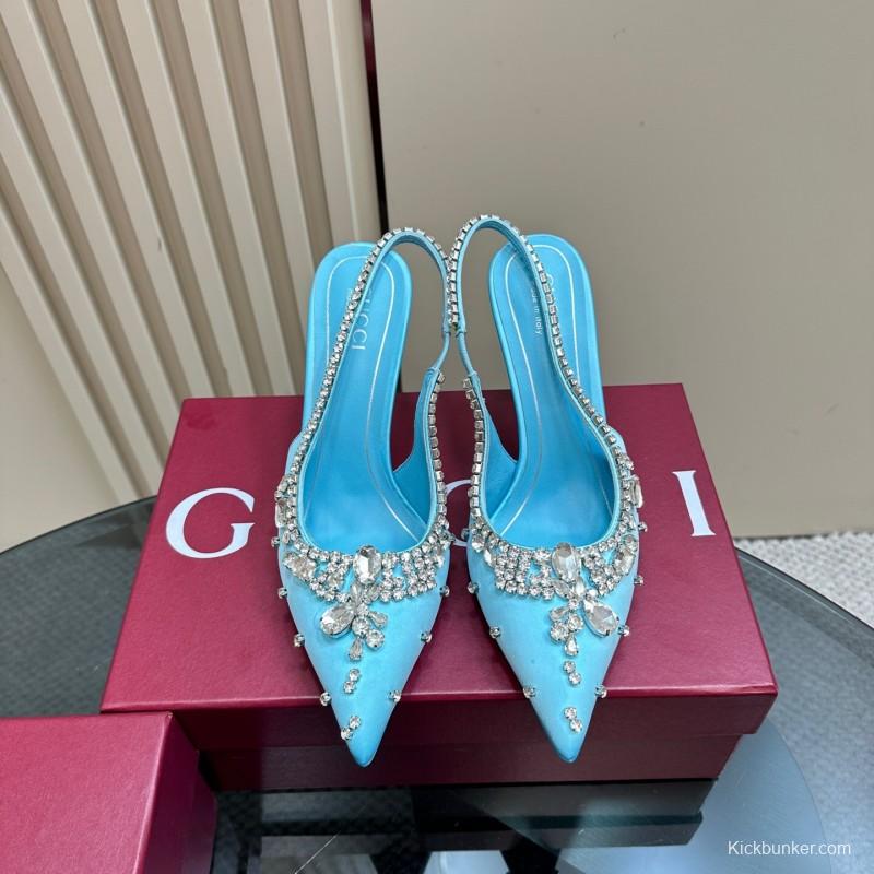 2025 Women Gucci Blue Silk Crystal Embellished Slingback High Heel KFY00340