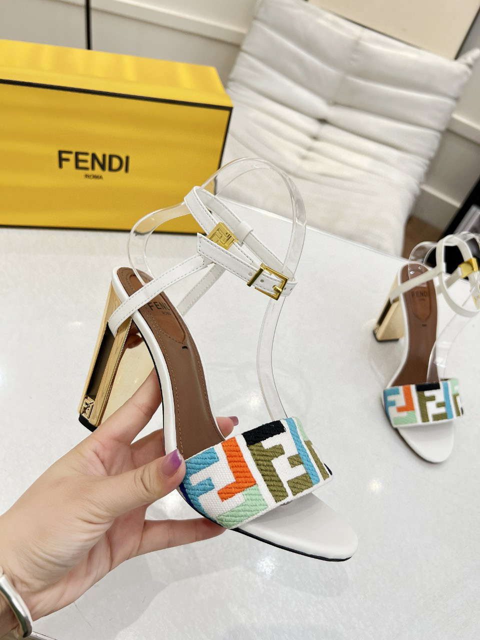 2025 Women Fendi White Blue Orange Fabric Leather High Heel Sandals MJ00280