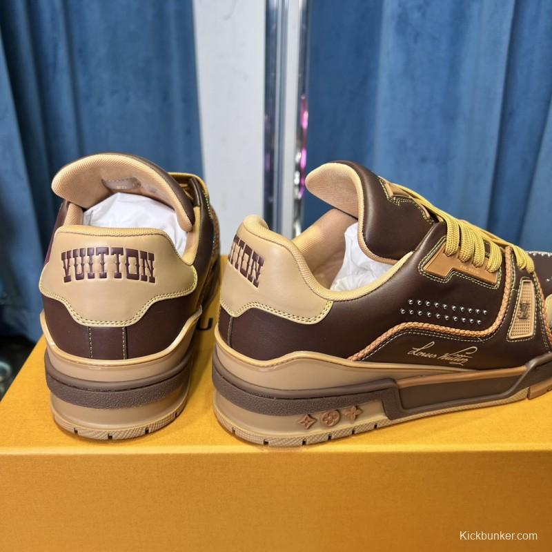 2025 Unisex Louis Vuitton Brown Beige Leather LV Trainer
