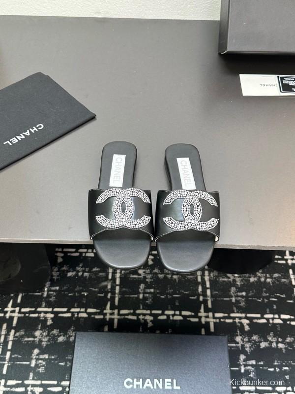 2025 Women Chanel Black Leather Rhinestone Logo Slide Sandals LY00360(F)
