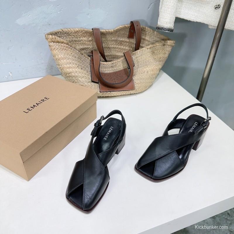 2025 Women Lemaire Black Leather Block Heel Sandals