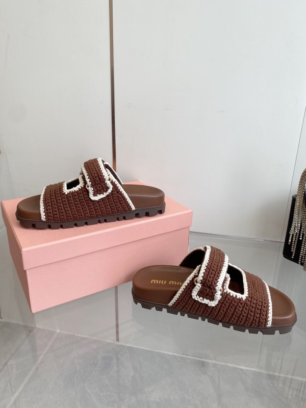 2025 Miu Miu Brown White Crochet Slippers KFY00290