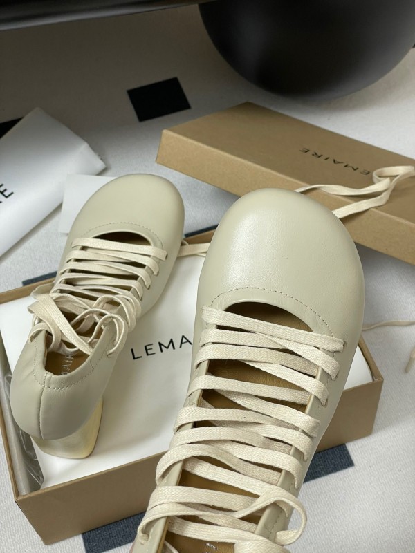 2025 Women Lemaire Ivory Leather Round Toe Block Heel Lace Up KFY00310
