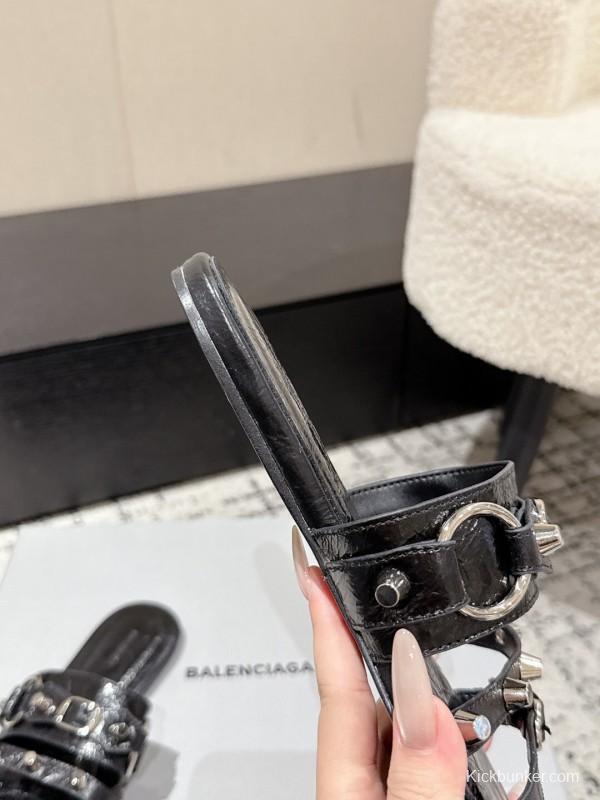 2025 Slippers Balenciaga Black Leather Metal Buckle KFY00289