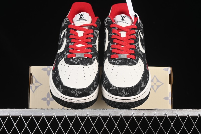 Nike Air Force 1 '07 Low LV Collaboration Black Denim Red Swoosh Casual Sneakers - LW9279-001