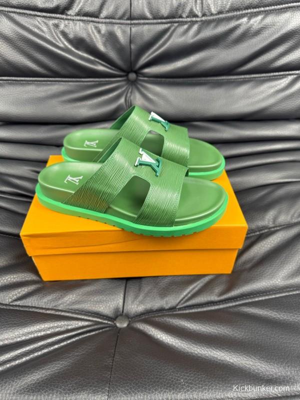2025 Men Louis Vuitton Green Leather Slippers AS00170