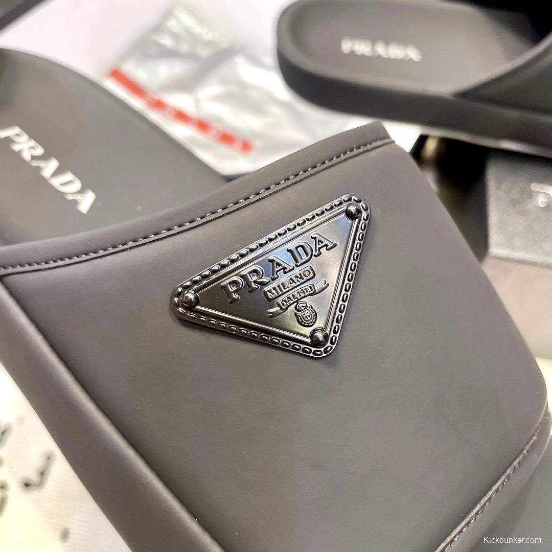 2025 Men Prada Black Fabric Slippers Logo KFY00230