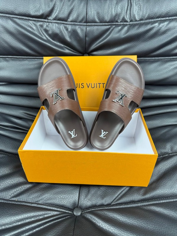 2025 Men Louis Vuitton Brown Leather Slippers AS00170