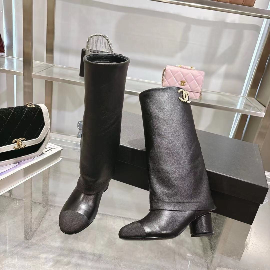 Chanel 2025/SS Autumn Winter Runway Turn-Cuff Block Heel Straight Tube Boots Classic Color Block - LY00510
