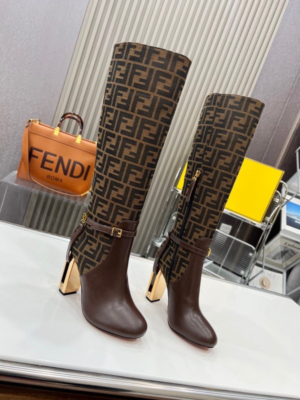 FENDI Delfina Round Toe Boots with FF Buckle and Heel Detailing - LY00