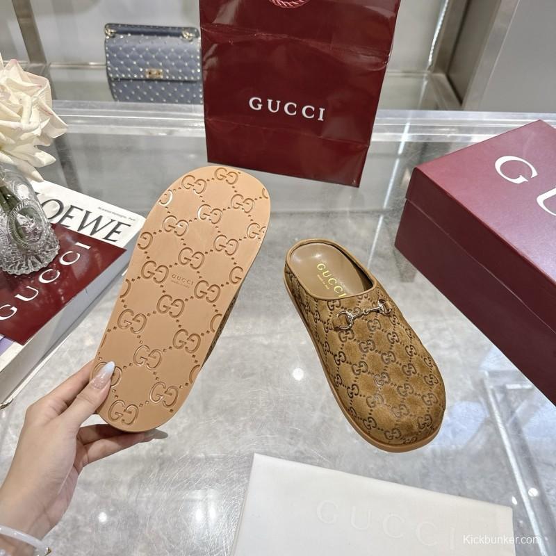 Gucci Camel Suede GG Embossed Horsebit Mule Sandals - LY00240