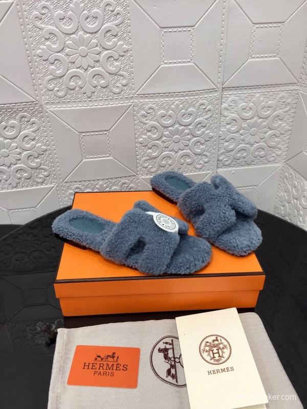 H Teddy Wool H Slippers Flat Sole Autumn Winter - LY00240