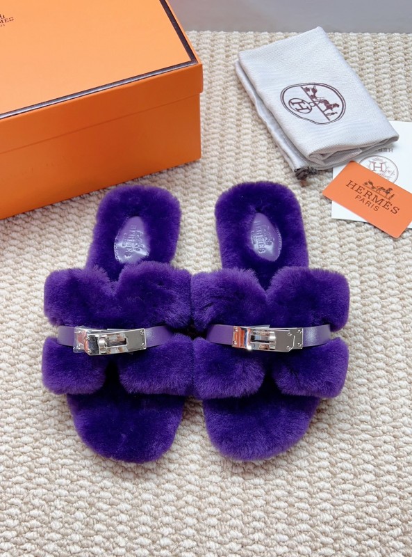 Hermès 2025/SS Teddy Wool H Slippers Flat Fur Slides - LY00260/230