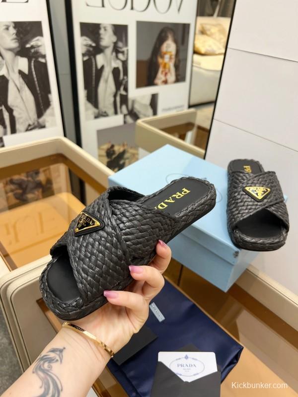 Prada 2025 SS Raffia Handwoven Cross Strap Sandals - KFY00260