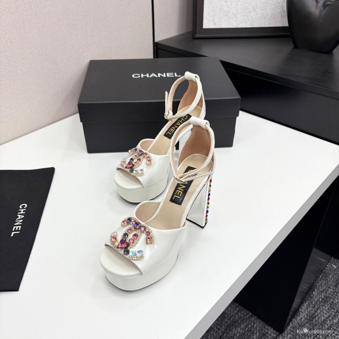 Chanel 2025/SS Glamorous Rhinestone Chunky Heel Platform Strappy Sandals - KFY00350