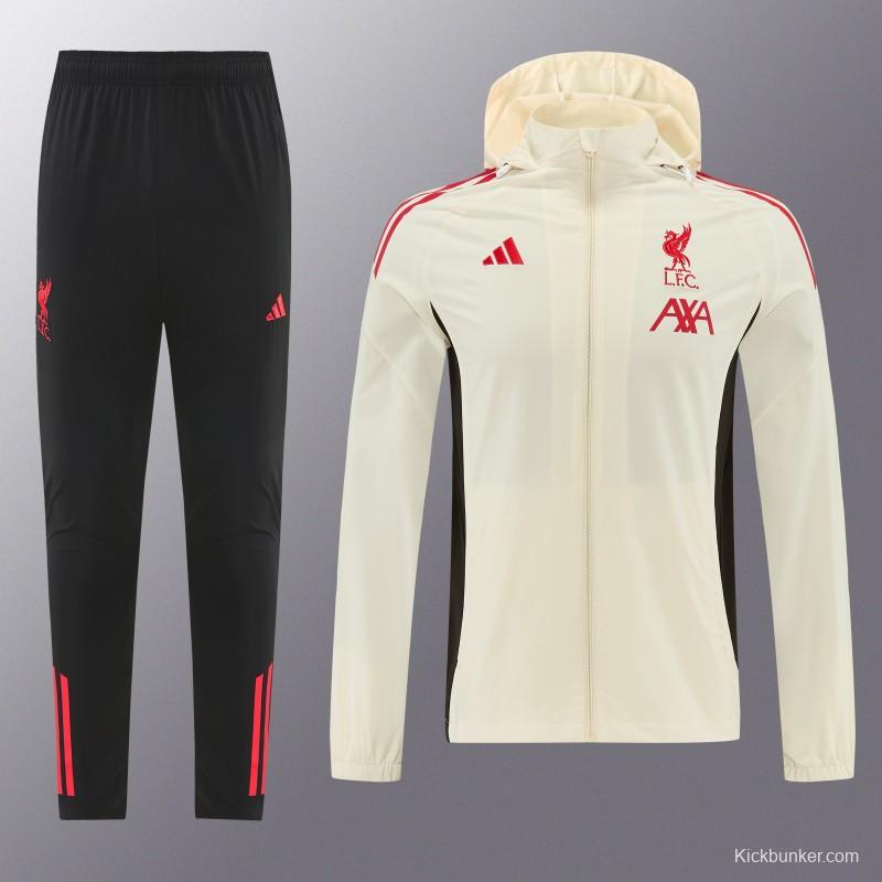 26/27 Liverpool Cream Full Zipper Hooded Jacket Tracksuit + Black Long Pants