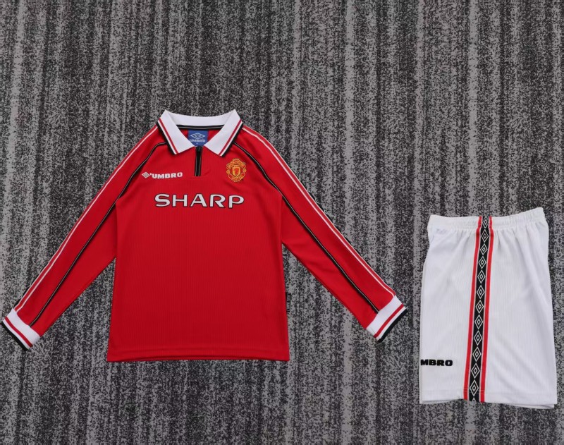 Retro Kids 98/99 Manchester United Red Home Long Sleeve Jersey
