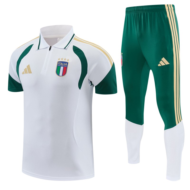 2026 Italy White & Green Half-Zip Polo Short Sleeve Tracksuit + Long Pants