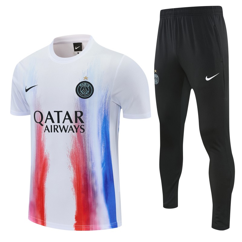 26/27 Paris Saint-Germain White with Red & Blue Brushstroke Allover Print Short Sleeve + Long Pants